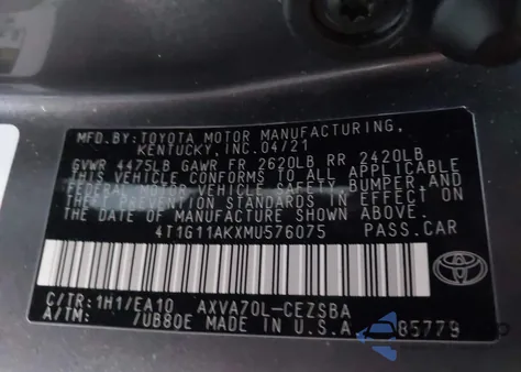 2021 Toyota Camry Se z USA, uszkodzony, nr VIN 4T1G11AKXMU576075